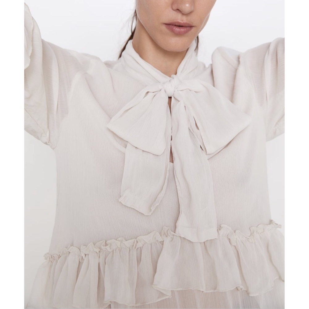 ZARA | sheer blouse with neck tie